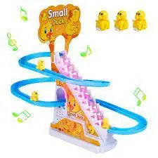 Small Ducks Climbing Toys, Electric Ducks Chasing Race Track Game Set, Playful Roller Coaster Toy with 3 Duck LED Flashing Lights &amp; Music Button, Fun Duck Stair Climbing Toy for Toddlers and